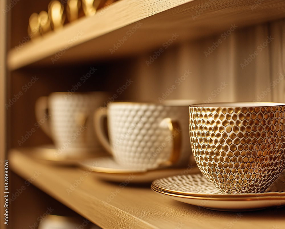 Geometric white and gold cups and saucers standing on a wooden shelf