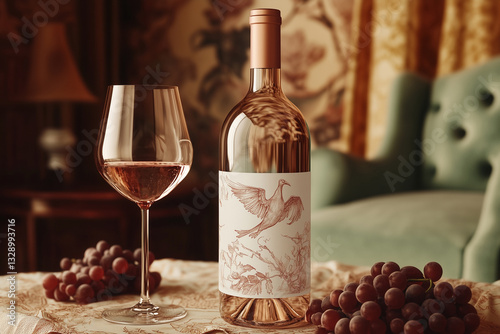 Obraz na płótnie Bottle of pink fine wine standing next to glass goblet and bunches of grapes against room background w salonie