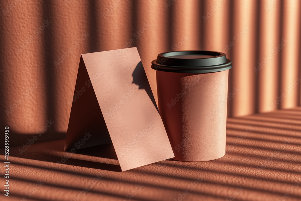 A business card with a minimalistic design leaning against a coffee cup on a workspace