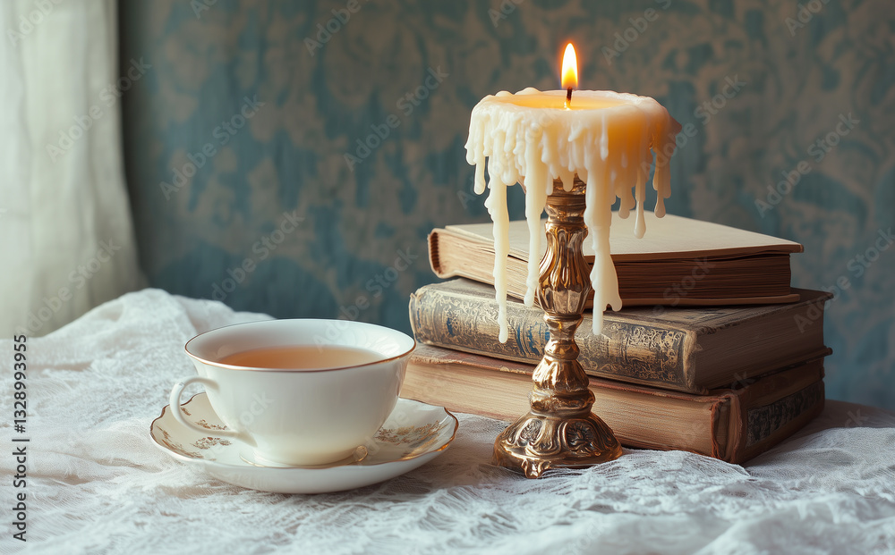 Cup of tea standing on table next to candlestick and burning candle against background of ancient books