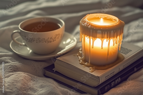 Cup of tea standing on a bed next to a stack of books and a burning candle