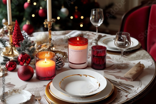 New Year's Eve at a set table with Christmas tree decorations and burning candles against the backdrop of a Christmas tree