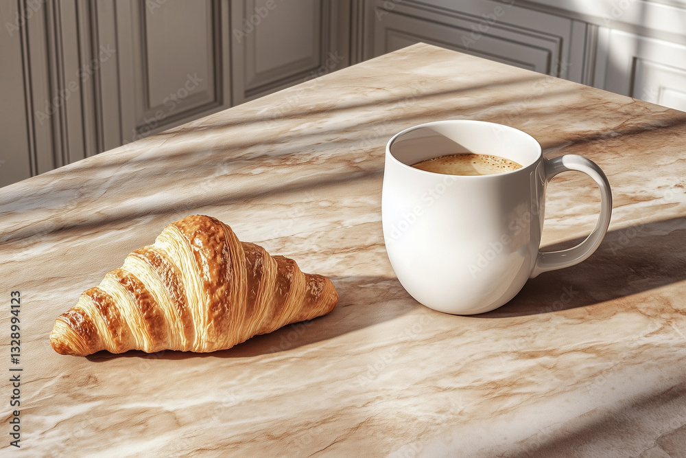 White cup of aromatic cappuccino standing on marble table next to croissant in sun rays