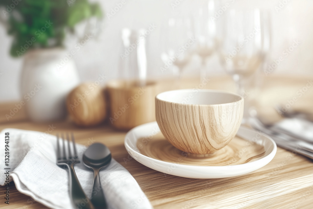 Cup of coffee standing on a wooden table next to cutlery