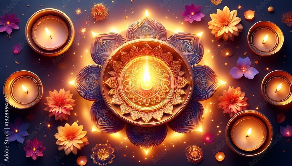 Obraz premium A symbol of cosmic energy glowing with bright light, surrounded by Diwali elements like diyas, rangoli, and vibrant flowers, embodying spirituality, celebration, and universal energy. 