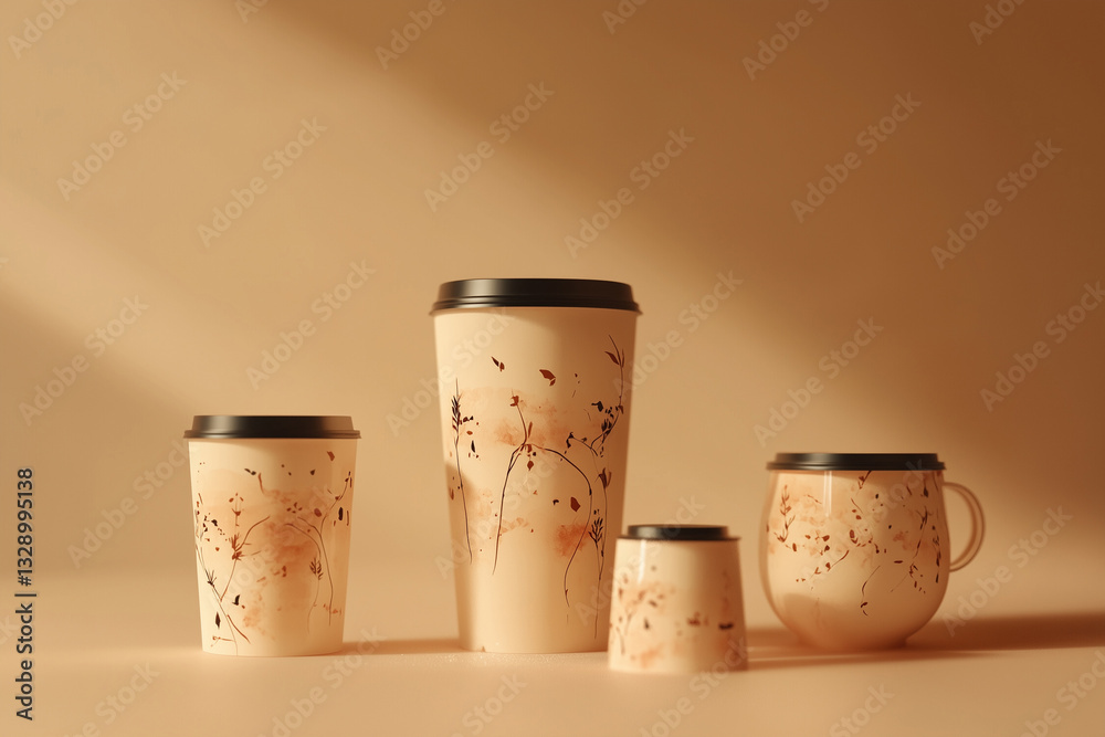 Design of coffee cup and glasses with plant print in beige shades standing on beige background in sun rays