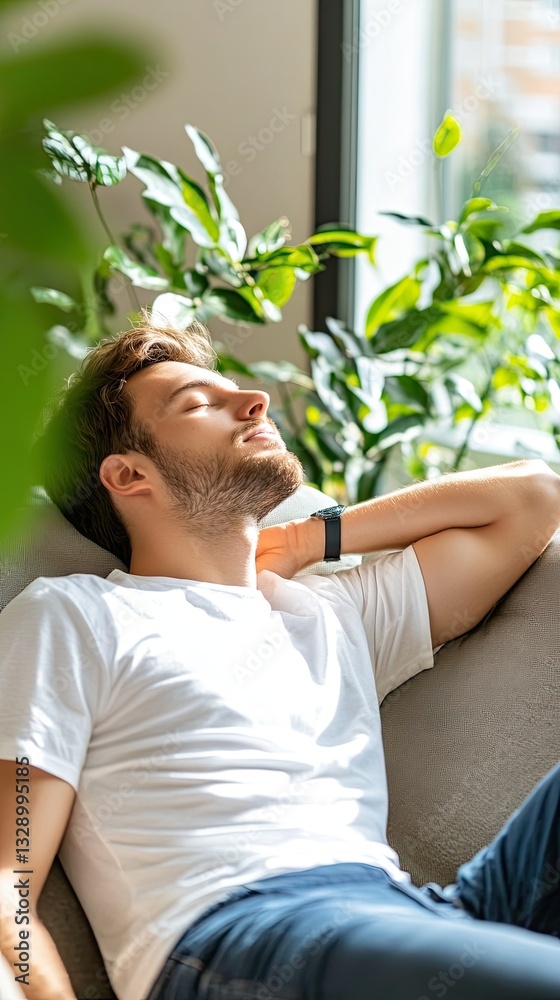 Tranquility and mindfulness. Vertical shot young man tired after work enjoy serene moment on weekend chill at home rest relax sitting on sofa at living room with closed eyes restore emotional balance Tranquility and mindfulness. Vertical shot young man tired after work enjoy serene moment on weekend chill at home rest relax sitting on sofa at living room with closed eyes restore emotional balance
