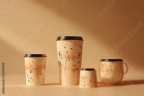 Design of coffee cup and glasses with plant print in beige shades standing on beige background in sun rays
