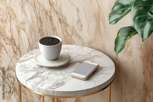 Obraz na płótnie White cup of coffee standing on round small coffee table next to telephone and house plant w salonie