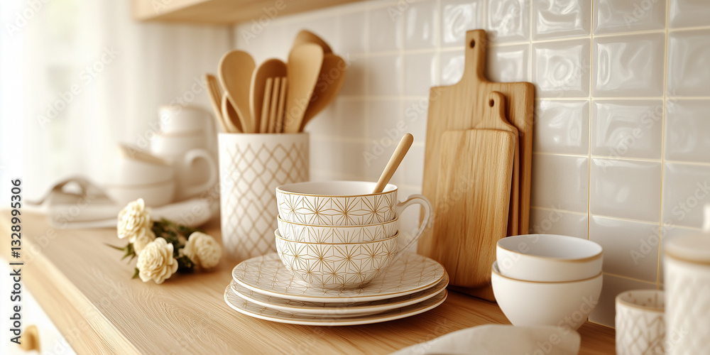 Set of white and gold wooden tableware with planks and white roses lying on the kitchen table