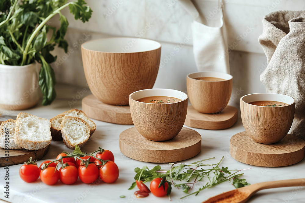 wooden bowl with soup standing on table next to cherry tomatoes, bread and herbs
