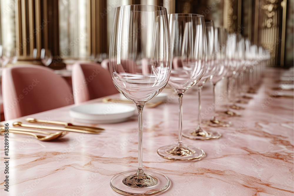 Pink marble table set for dinner in restaurant