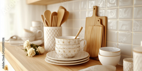 Obraz na płótnie Set of white and gold wooden tableware with planks and white roses lying on the kitchen table w salonie