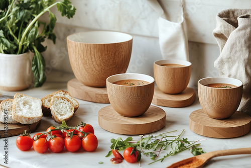 Obraz na płótnie wooden bowl with soup standing on table next to cherry tomatoes, bread and herbs w salonie