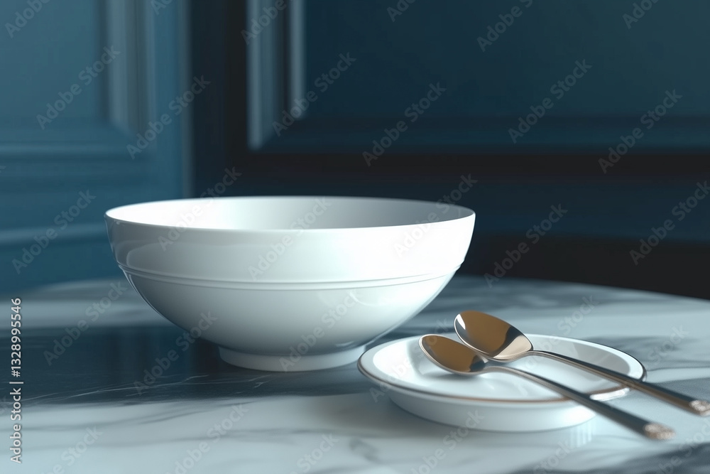 White plate and silver spoons standing on marble table on blue background