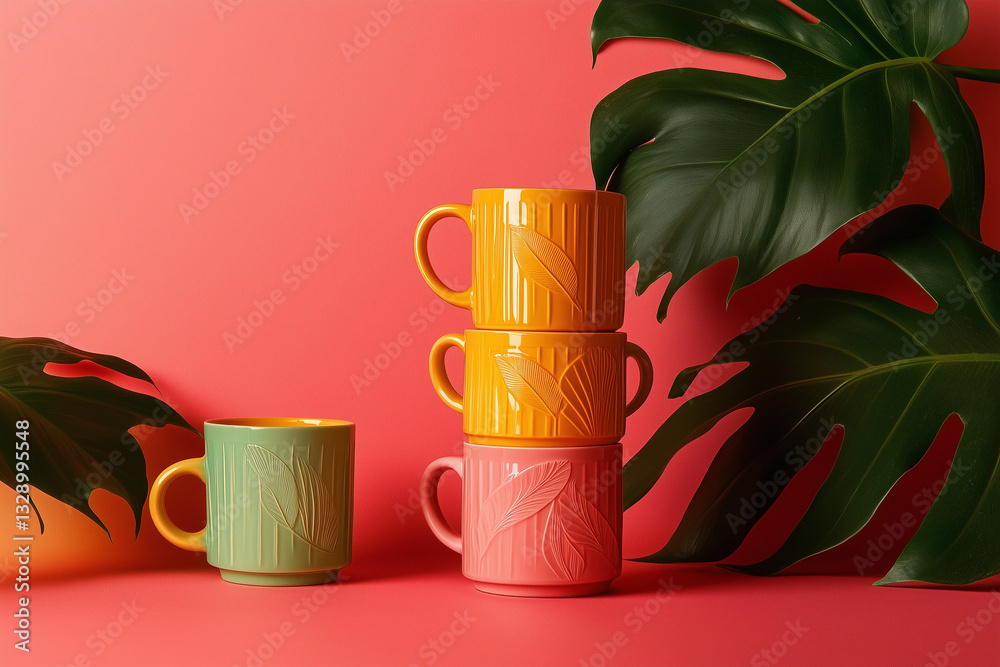 Four cups of bright design standing on pink background and leaves house plants