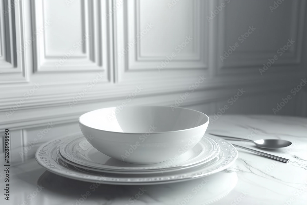 White plates standing on a marble table
