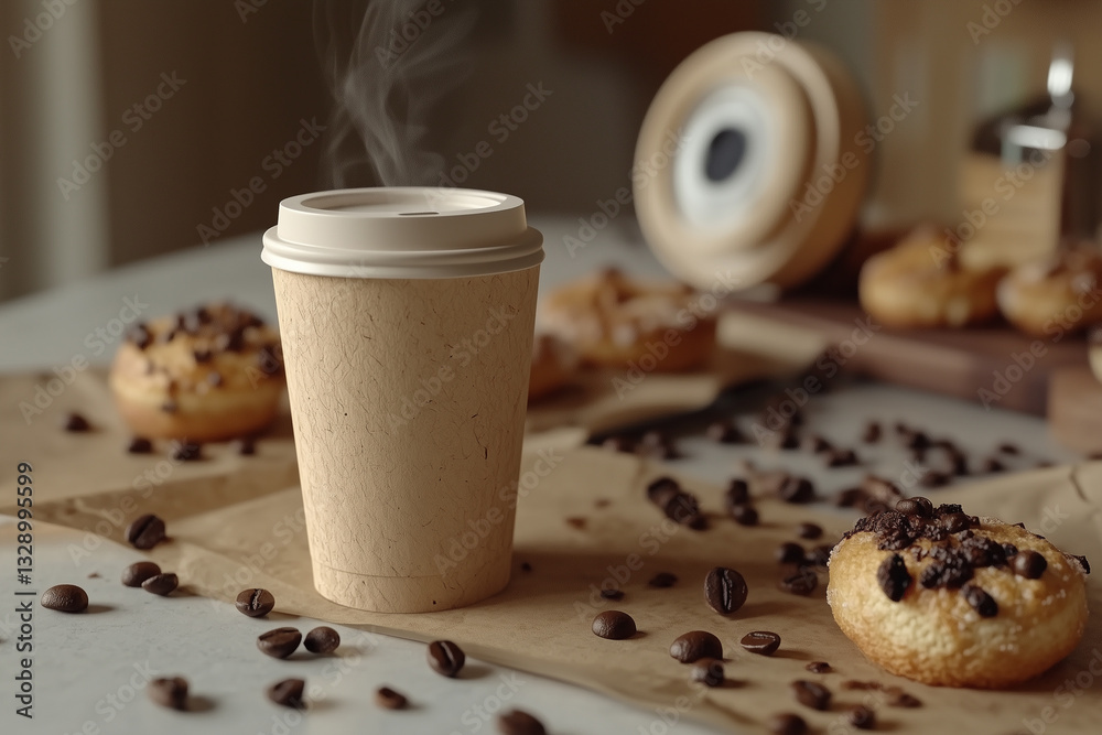 Beige paper cup of coffee standing on table next to cookies and scattered beans