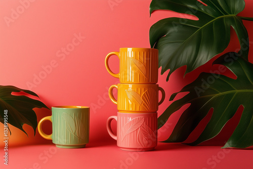 Four cups of bright design standing on pink background and leaves house plants