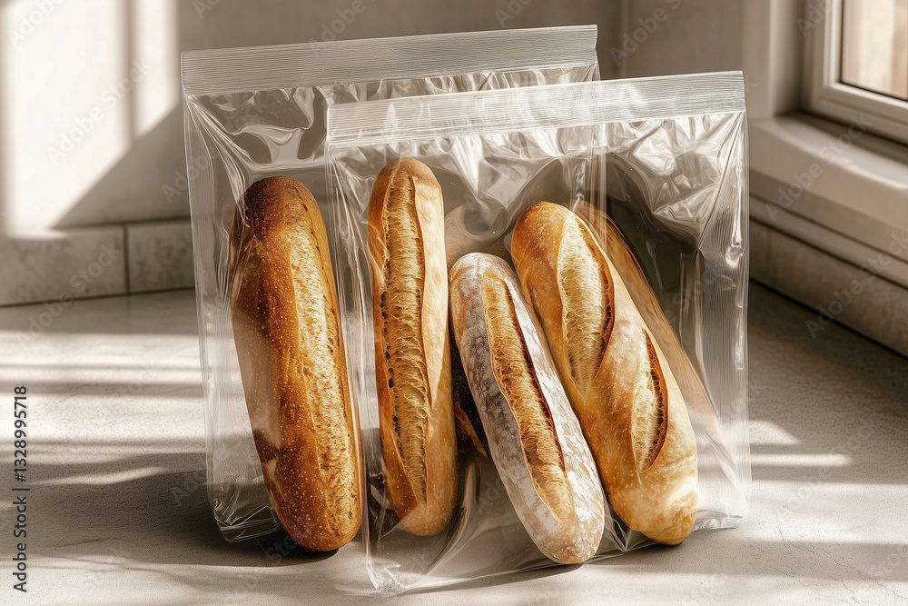 Wheat baguettes packed in transparent plastic bags