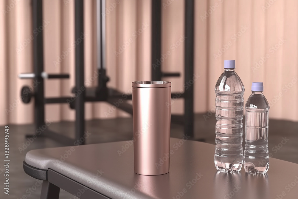Metal cup and two bottles of water standing on a bench against the background of a gym