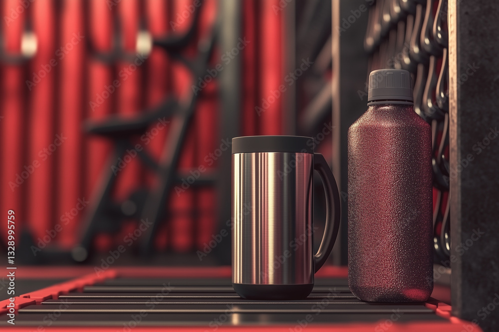 Metal thermo mug and bottle of water standing on bench against background of gym