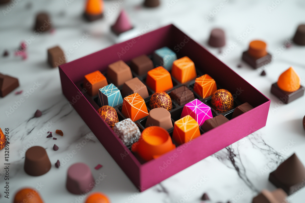 Pink box with colorful designer chocolates standing on marble table