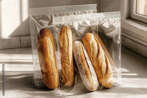 Wheat baguettes packed in transparent plastic bags