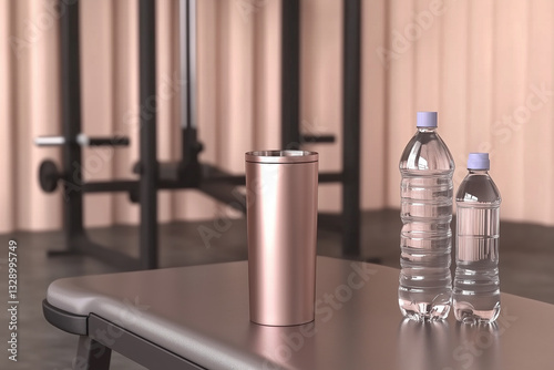 Obraz na płótnie Metal cup and two bottles of water standing on a bench against the background of a gym w salonie