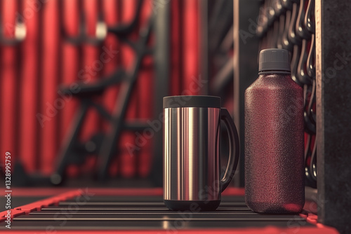 Obraz na płótnie Metal thermo mug and bottle of water standing on bench against background of gym w salonie