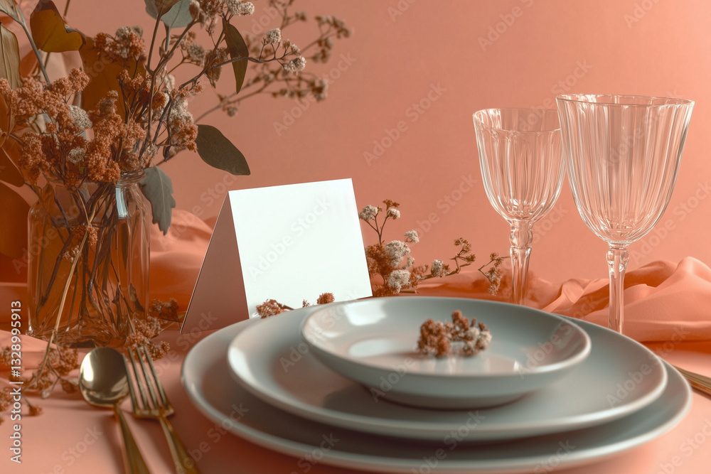 Table set for dinner with grey ceramic dishes, crystal glasses and dried flowers