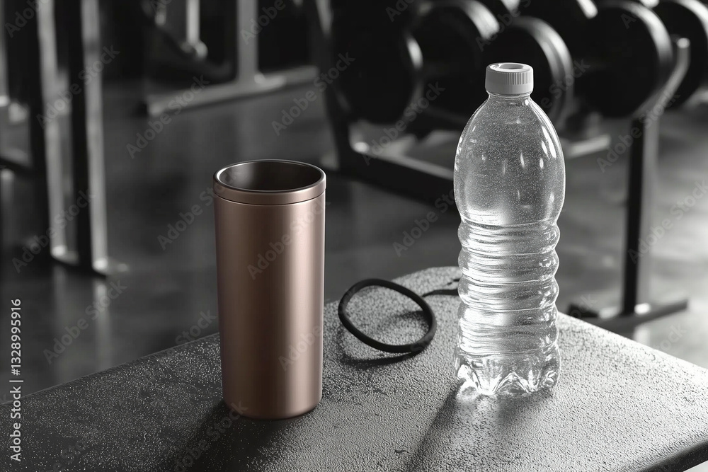 Glass bottle of water and hair tie standing on bench against gym background