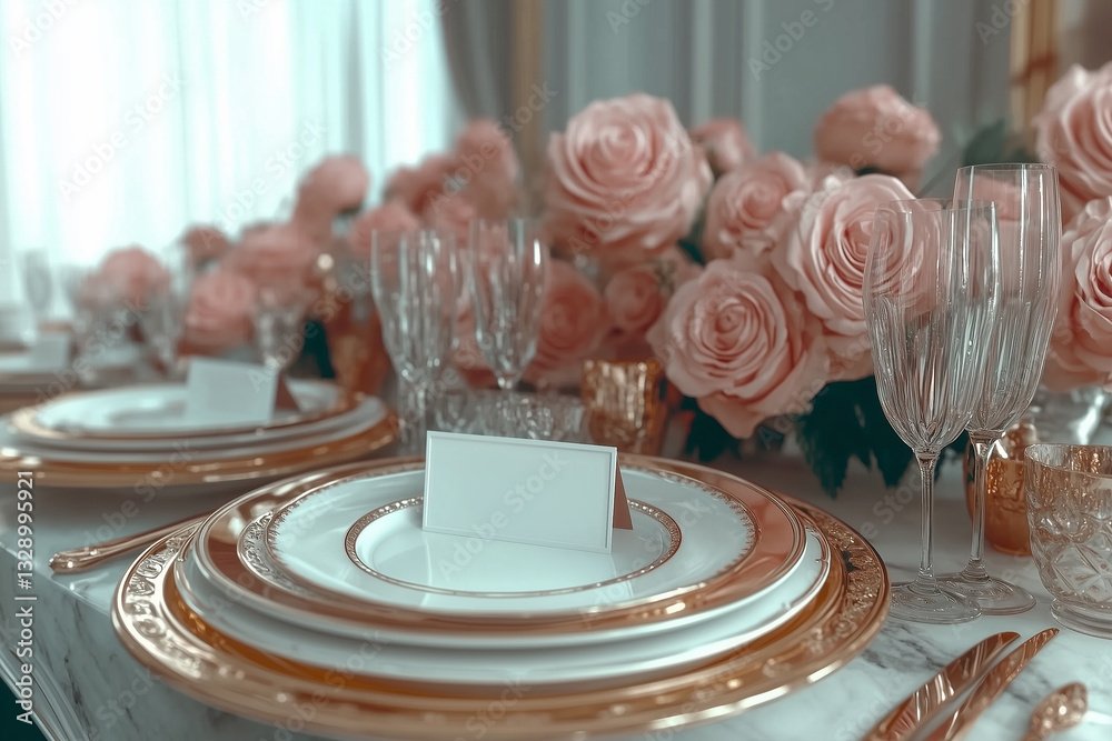 Set wedding table with invitations white and gold glassware and pink roses