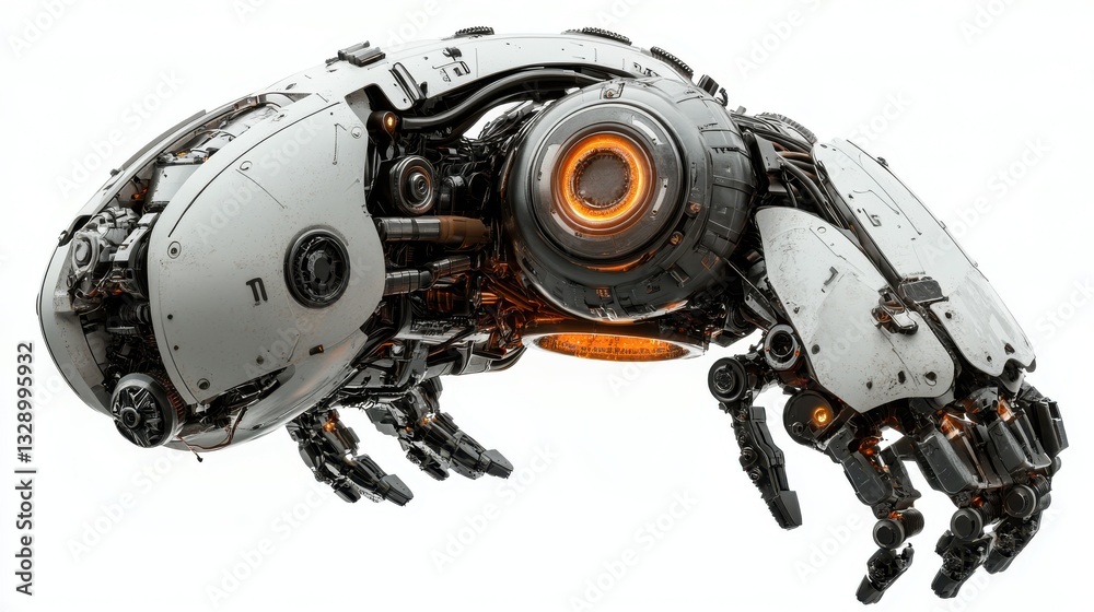 High-tech robotic elements with mechanical gears isolated on white background High-tech robotic elements with mechanical gears isolated on white background
