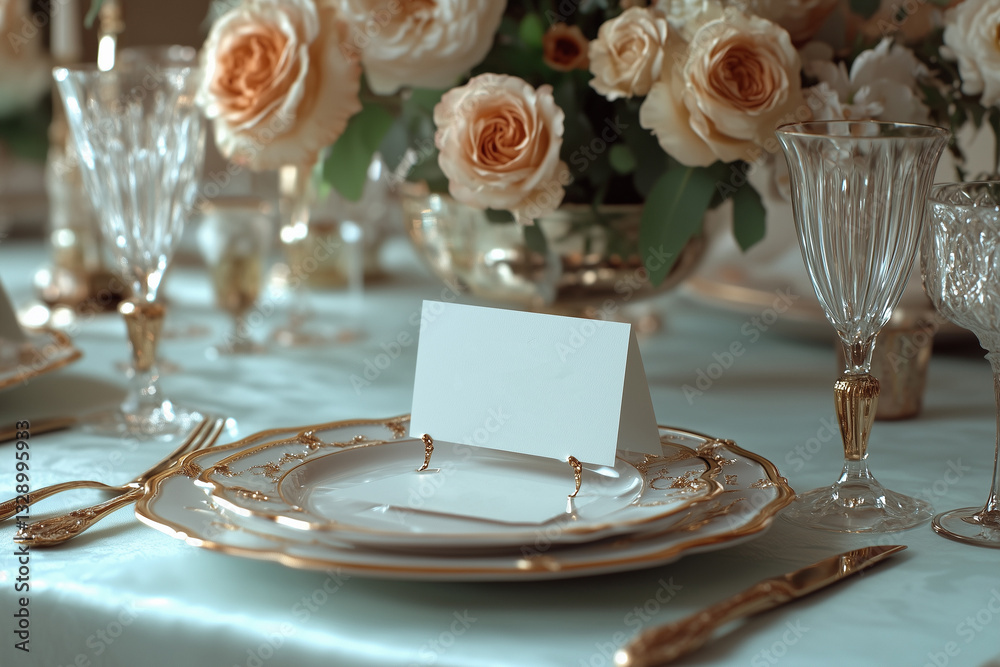 Festive table setting with white and gold tableware invitation and beige roses