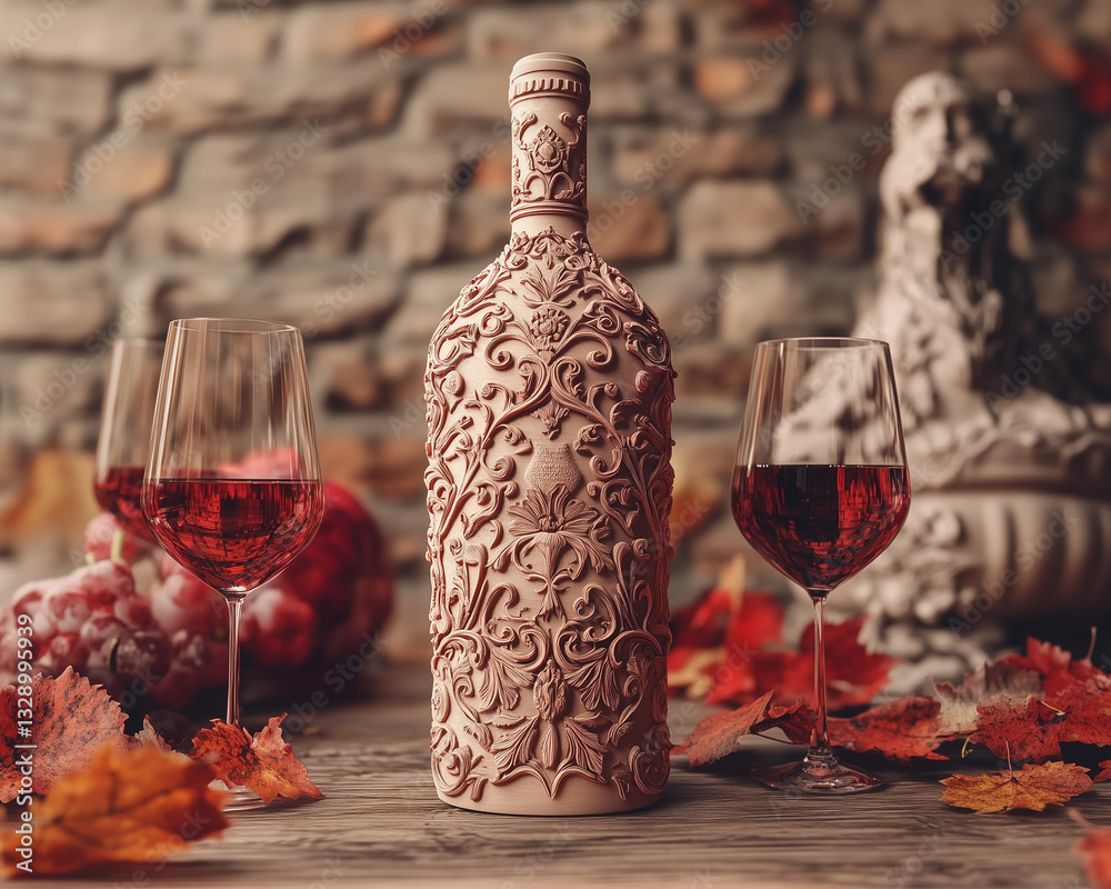 Designer ceramic wine bottle with patterns standing on wooden table near wine glasses and yellow leaves