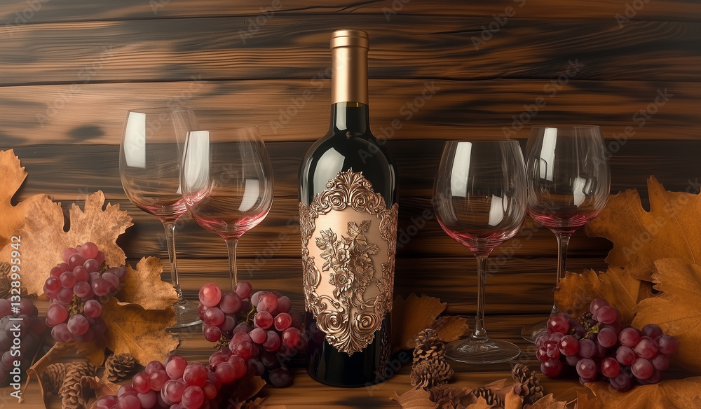 Baroque style bottle of wine lying on wooden table next to four glass goblets bunches of grapes and yellow leaves
