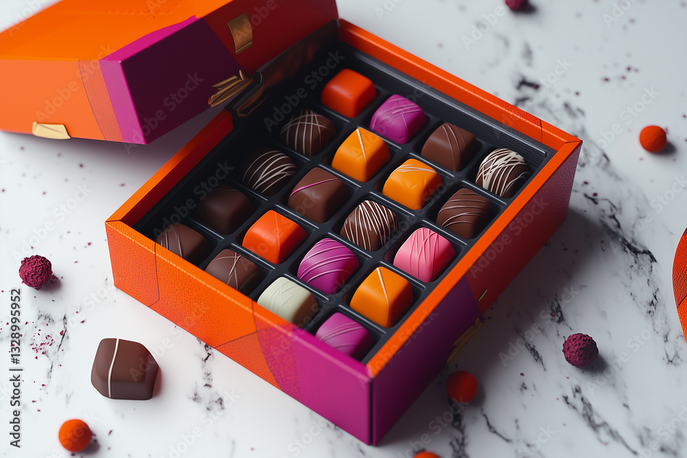 Open box with colorful chocolates standing on marble table
