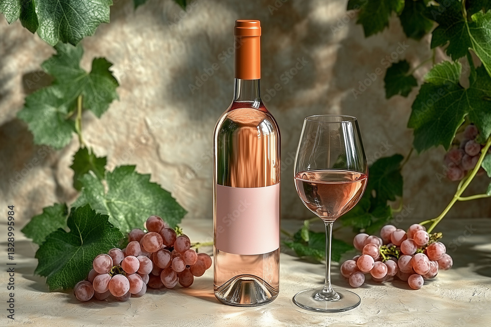Bottle of white wine standing next to bunches of grapes glass and green leaves