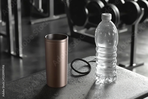 Obraz na płótnie Glass bottle of water and hair tie standing on bench against gym background w salonie