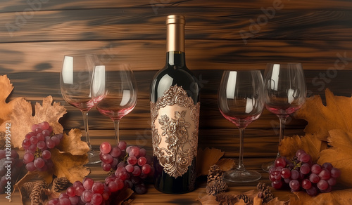 Obraz na płótnie Baroque style bottle of wine lying on wooden table next to four glass goblets bunches of grapes and yellow leaves w salonie