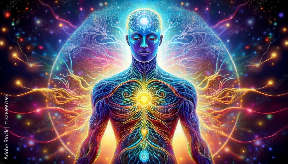 A surreal fusion of human anatomy and chakra pathways, revealing the divine energy flow with vibrant colors, intertwining the physical and spiritual realms in a cosmic, glowing vision.
A surreal fusion of human anatomy and chakra pathways, revealing the divine energy flow with vibrant colors, intertwining the physical and spiritual realms in a cosmic, glowing vision.