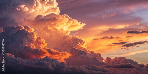 Fototapeta Naklejka Na Ścianę i Meble -  Dramatic golden cumulonimbus clouds fill the evening sky at sunset, creating a breathtaking vista.
