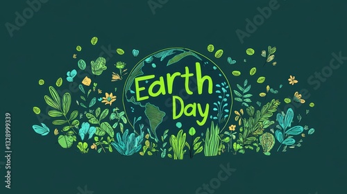 Vibrant Earth Day Illustration with Lush Greenery, Floral Elements, and a Globe Design for Eco-Friendly Themes