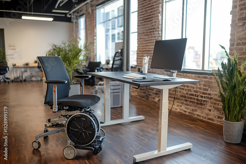 Ergonomic Office Design with Adaptive Standing Desk and Mobility Aid Inclusive Workspace
