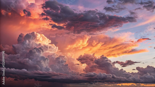 Fototapeta Naklejka Na Ścianę i Meble -  A dramatic skyscape featuring mammatus clouds bathed in the warm, vibrant hues of the sunset.