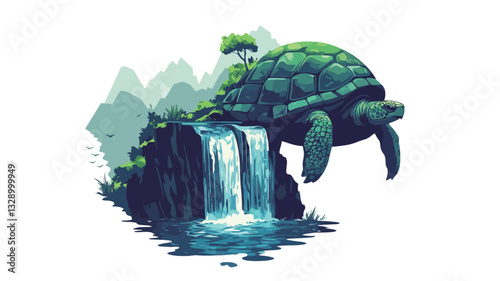Digital illustration depicting a large turtle perched atop a waterfall cascading down a cliff.  The style is stylized, with a focus on flat color blocks and a limited palette of greens and blues.