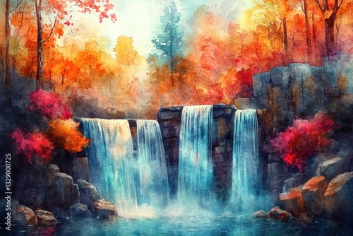 Autumn Waterfall in Enchanted Forest Scenic Landscape with Twinkling Light and Fantasy Elements
