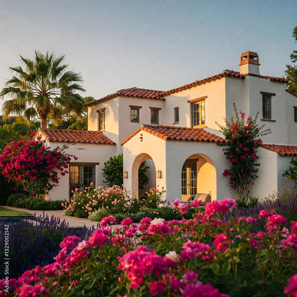 Fototapeta premium There is a large white house with a lot of flowers in front of it