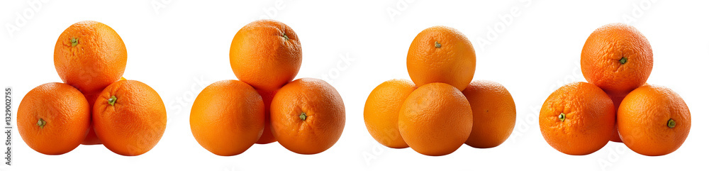 Fresh oranges stacked in a visually appealing arrangement on a white background. Fresh oranges stacked in a visually appealing arrangement on a white background.
